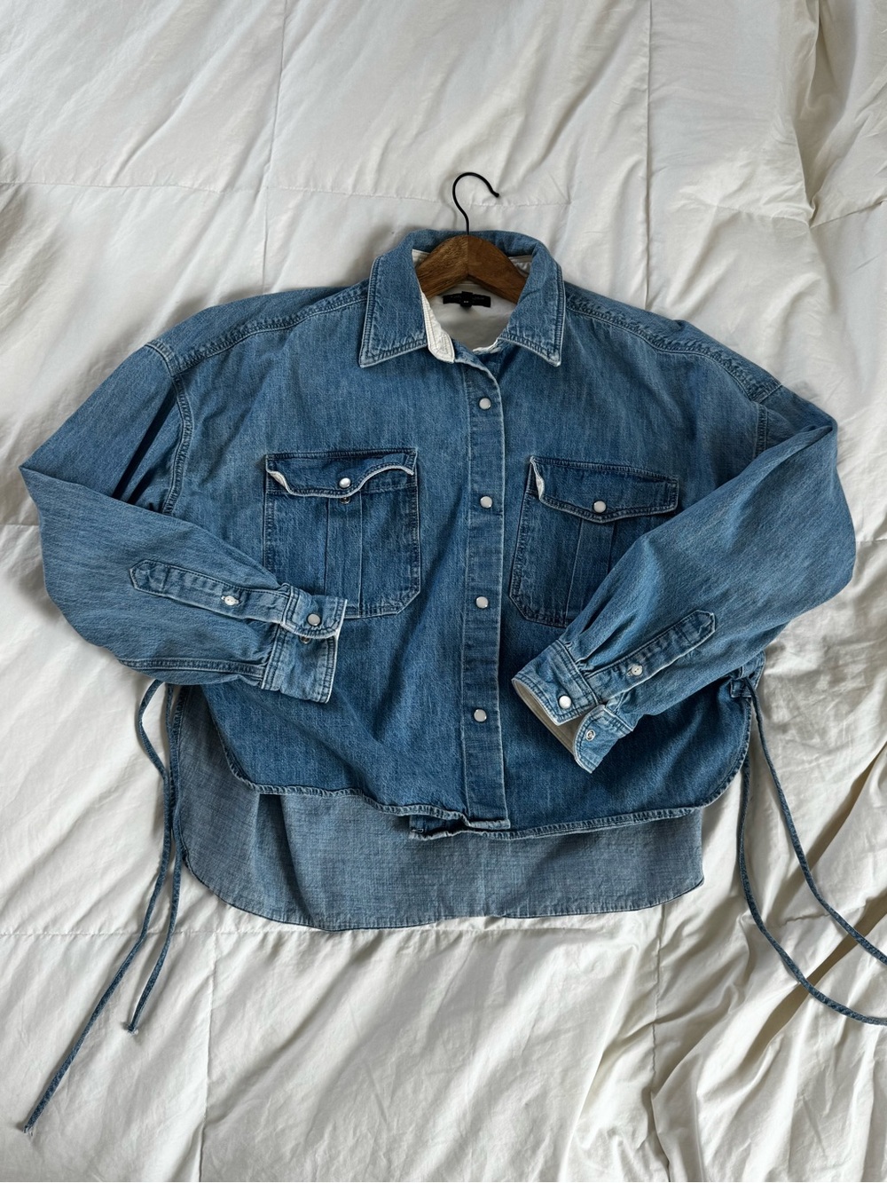 Denim Button-Up Cropped work Shirt with Side ties - Medium Blue